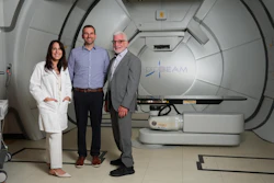 (From left to right) Researchers Emily Daugherty, MD, Anthony Mascia, PhD, and John Perentesis, MD, inside the proton therapy treatment room at the Cincinnati Children's/University of Cincinnati Medical Center Proton Therapy Center.