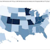 Choropleth map of state-level imaging-associated greenhouse gas emissions per 1,000 Medicare Part B fee-for-service beneficiaries in 2022. Darker shades indicate higher per-beneficiary greenhouse gas emissions. District of Columbia (not shown) is in 3-4 MTCO2e per 1,000 range. MT COâ‚‚e = metric tons of carbon dioxide equivalent