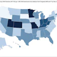 Choropleth map of state-level imaging-associated greenhouse gas emissions per 1,000 Medicare Part B fee-for-service beneficiaries in 2022. Darker shades indicate higher per-beneficiary greenhouse gas emissions. District of Columbia (not shown) is in 3-4 MTCO2e per 1,000 range. MT COâ‚‚e = metric tons of carbon dioxide equivalent