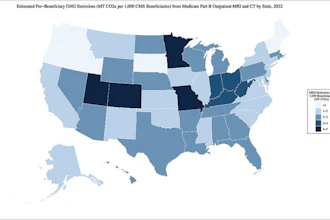 Choropleth map of state-level imaging-associated greenhouse gas emissions per 1,000 Medicare Part B fee-for-service beneficiaries in 2022. Darker shades indicate higher per-beneficiary greenhouse gas emissions. District of Columbia (not shown) is in 3-4 MTCO2e per 1,000 range. MT COâ‚‚e = metric tons of carbon dioxide equivalent