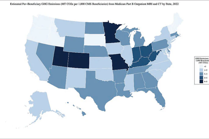 Choropleth map of state-level imaging-associated greenhouse gas emissions per 1,000 Medicare Part B fee-for-service beneficiaries in 2022. Darker shades indicate higher per-beneficiary greenhouse gas emissions. District of Columbia (not shown) is in 3-4 MTCO2e per 1,000 range. MT COâ‚‚e = metric tons of carbon dioxide equivalent