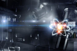 Glowing atom symbol in a modern laboratory setting with test tubes and scientific equipment