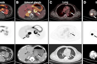 Representative Ga-68 DPI-4452 PET/CT images of regional and distant metastases in ccRCC from multiple patients, including regional lymph node (A), bilateral adrenal glands (B), lung (C), and bone (D). For each panel, top row shows fused PET/CT images, middle row shows PET-only images, and bottom row shows unenhanced CT images. Target lesions are highlighted by white arrows on fused/CT images and black arrows on PET images.