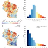 National and state neighborhood-level disadvantage rankings of the study patients. (A) National disadvantage rankings are shown. Left: area deprivation scores mapped onto the state of Wisconsin, where the study sample resides, with national ranking deciles shown. Blue indicates less disadvantaged neighborhoods, whereas red indicates more disadvantaged neighborhoods. Right: histogram quantifying the number of patients in each Area Deprivation Index (ADI) decile. (B) Same as A, but state ranking deciles are shown. The distributions of both the national and state-level ADI rankings of the patients were skewed toward less disadvantaged neighborhoods. Maps were obtained from reference 36.