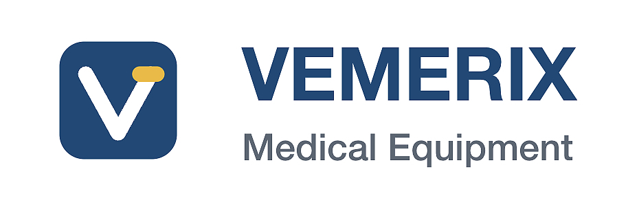 Vemerix Medical Equipment logo featuring navy blue rounded square with white checkmark and gold accent
