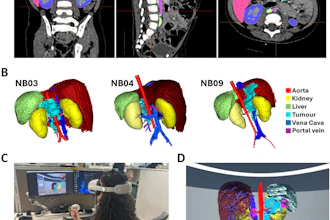 Medical CT scan visualization showing coronal, sagittal, and axial views with 3D organ segmentation including kidney, liver, aorta, and tumor models.