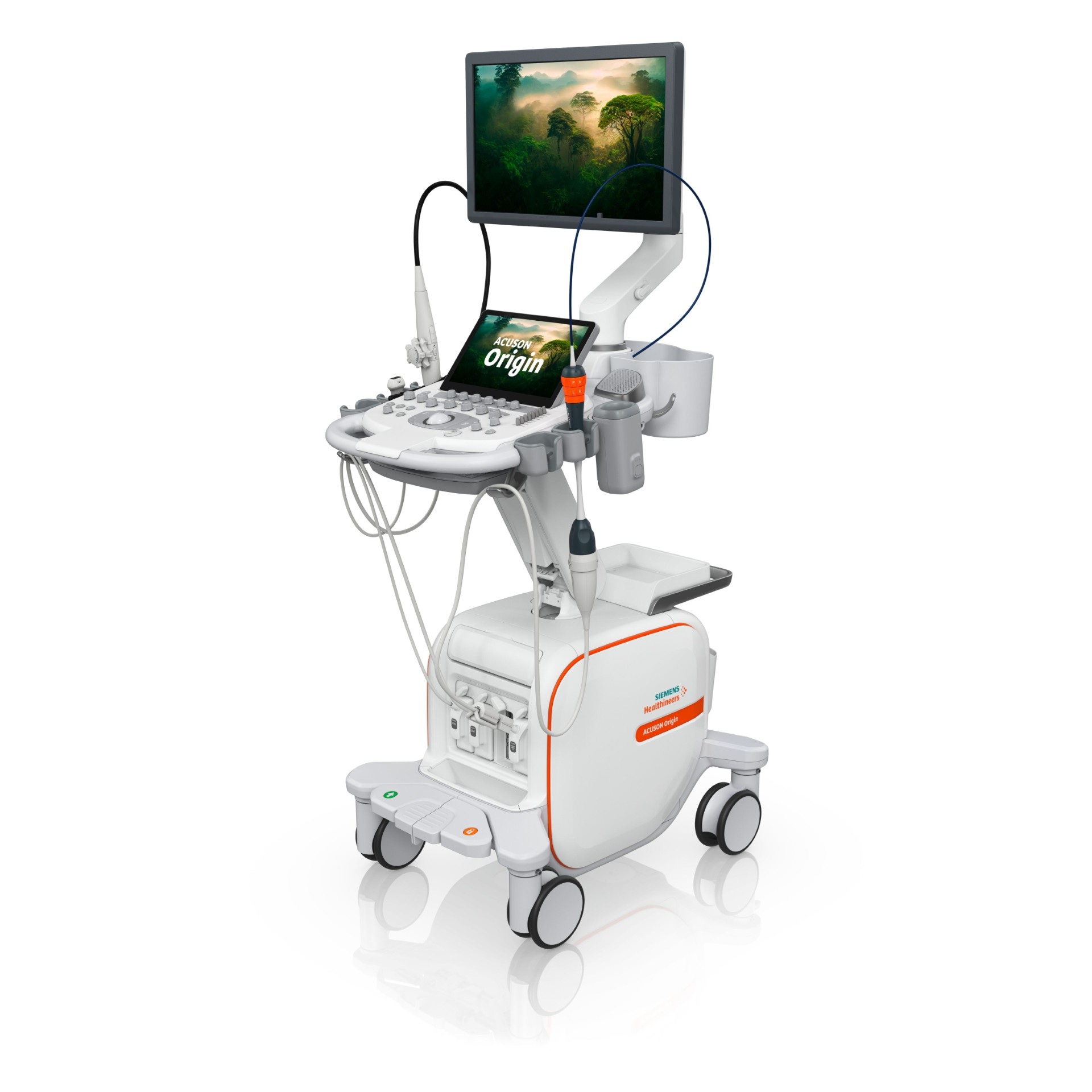 Portable ultrasound machine with monitor displaying forest imagery, control panel, and mobile cart base