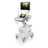 Portable ultrasound machine with monitor displaying forest imagery, control panel, and mobile cart base