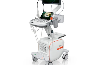 Portable ultrasound machine with monitor displaying forest imagery, control panel, and mobile cart base