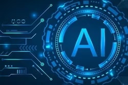 Blue AI symbol surrounded by digital circuit patterns and glowing technology elements on dark background