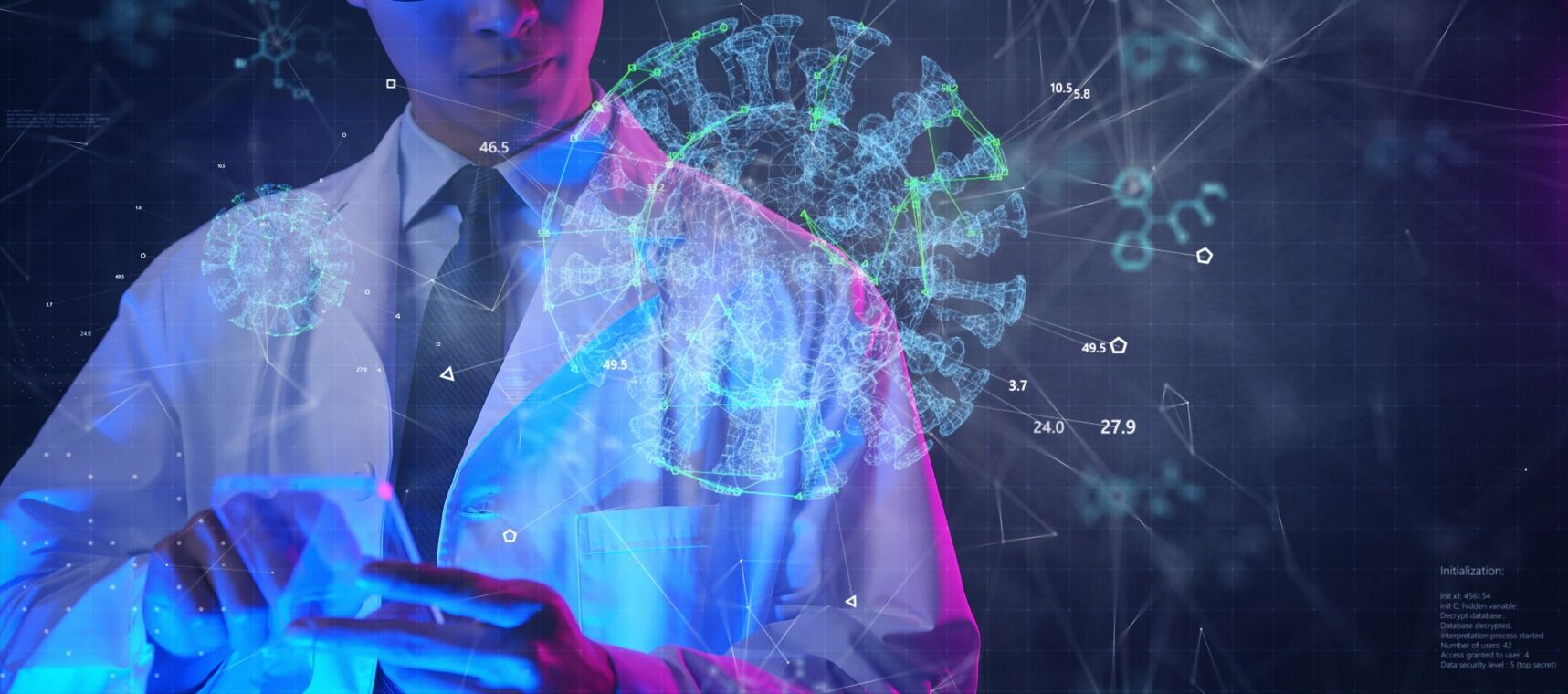 Professional businessman with holographic brain and digital network visualization representing AI and technology innovation