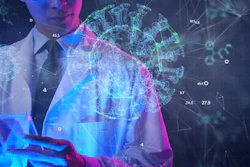 Professional businessman with holographic brain and digital network visualization representing AI and technology innovation