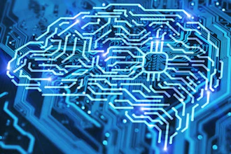 Glowing neon circuit board brain representing artificial intelligence and neural networks in blue and cyan tones