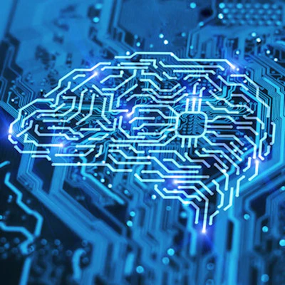 Glowing neon circuit board brain representing artificial intelligence and neural networks in blue and cyan tones