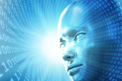 Digital illustration of an AI face with blue light and binary code representing artificial intelligence and technology