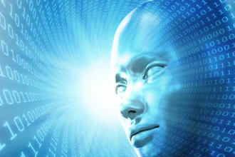 Digital illustration of an AI face with blue light and binary code representing artificial intelligence and technology