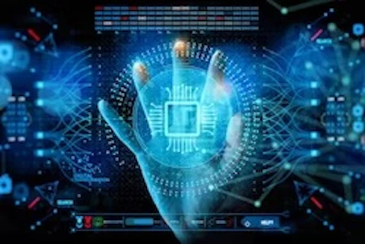 Digital illustration of a glowing CPU microchip held in a human hand against a blue circuit board background