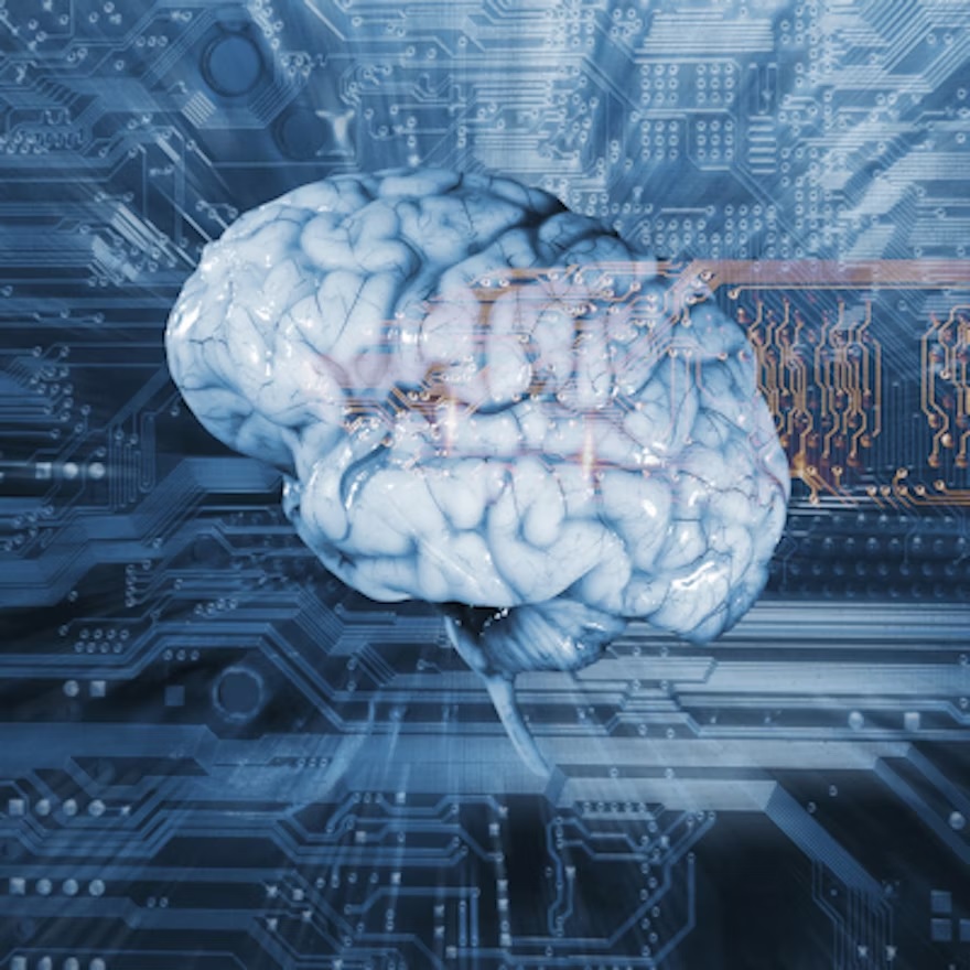 Digital brain overlaid on circuit board representing artificial intelligence and neural networks technology