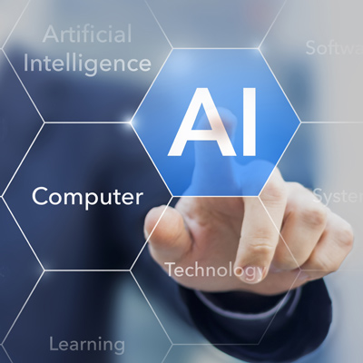 Hand pointing at AI hexagon surrounded by technology concept icons including artificial intelligence, computer, and learning