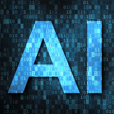 Blue geometric letter A logo with binary code background representing artificial intelligence technology