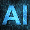 Blue geometric letter A logo with binary code background representing artificial intelligence technology