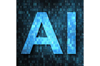 Blue geometric letter A logo with binary code background representing artificial intelligence technology