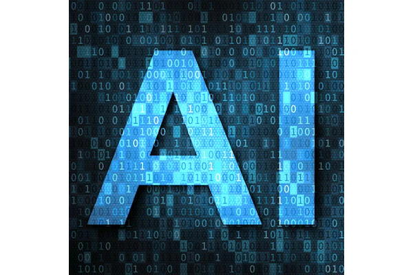 Blue geometric letter A logo with binary code background representing artificial intelligence technology