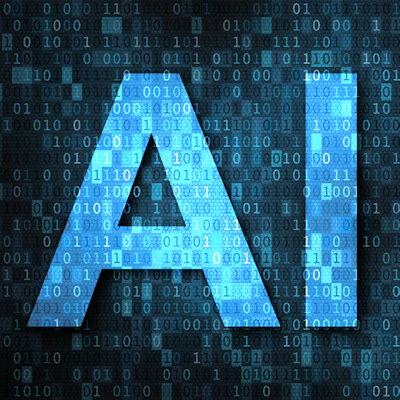 Blue geometric letter A logo with binary code background representing artificial intelligence technology