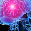 Glowing human brain illustration with blue and pink lighting on dark background