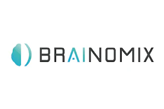 Brainomix logo featuring teal abstract icon with gray text wordmark
