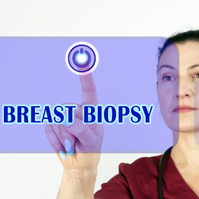 Healthcare professional demonstrating breast biopsy procedure with circular target icon and medical text on purple background