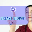 Healthcare professional demonstrating breast biopsy procedure with circular target icon and medical text on purple background