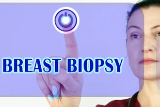 Healthcare professional demonstrating breast biopsy procedure with circular target icon and medical text on purple background