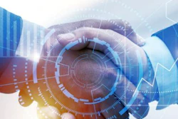 Digital handshake with blue and orange technology network patterns symbolizing business partnership and innovation