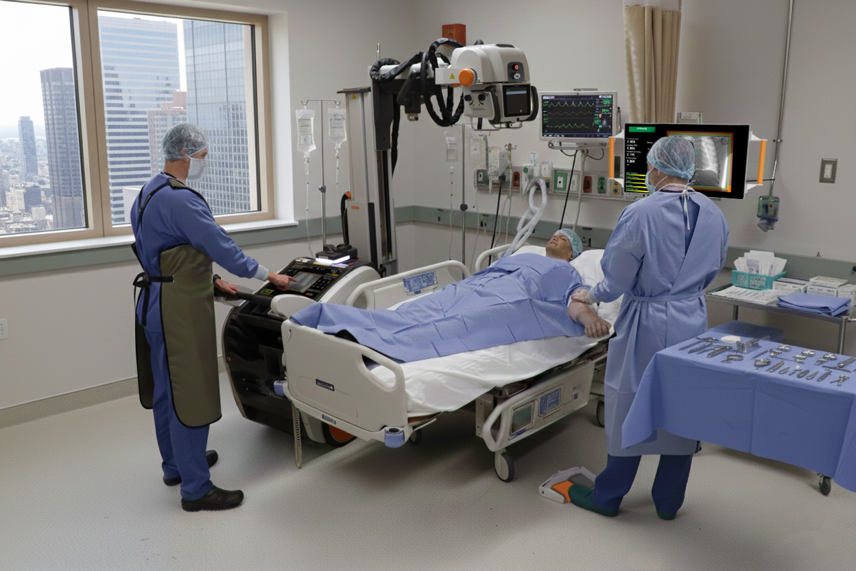 Medical team attending to patient in hospital room with diagnostic imaging equipment and monitoring systems