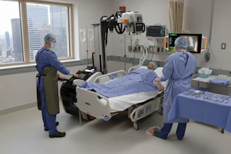 Medical team attending to patient in hospital room with diagnostic imaging equipment and monitoring systems