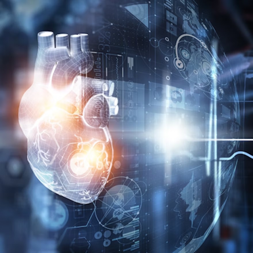 Digital illustration of a glowing human heart with technological and medical monitoring elements integrated into a blue digital interface background.