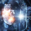 Digital illustration of a glowing human heart with technological and medical monitoring elements integrated into a blue digital interface background.