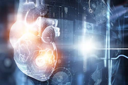 Digital illustration of a glowing human heart with technological and medical monitoring elements integrated into a blue digital interface background.