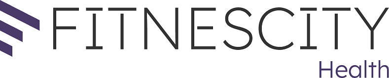 FitnesCity Health logo with purple geometric symbol and sans-serif wordmark