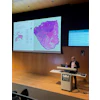 Medical researcher presenting computational pathology findings at SIIM CAIRM26 conference with tissue analysis visualization
