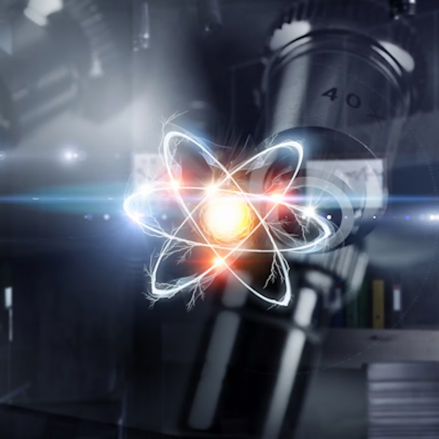 Glowing atom symbol with blue and orange energy effects over laboratory equipment and scientific instruments