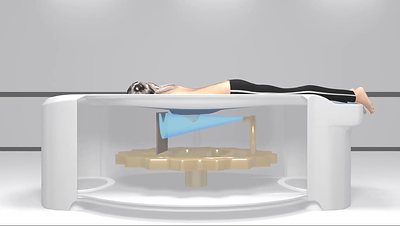 Person floating above circular water pool in minimalist 3D rendered spa or wellness environment