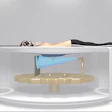 Person floating above circular water pool in minimalist 3D rendered spa or wellness environment