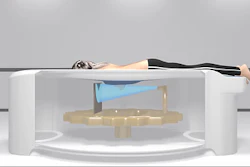 Person floating above circular water pool in minimalist 3D rendered spa or wellness environment