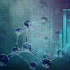 Digital illustration of molecular structures and binary code with financial charts representing data analysis and technology growth