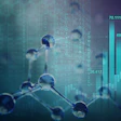 Digital illustration of molecular structures and binary code with financial charts representing data analysis and technology growth