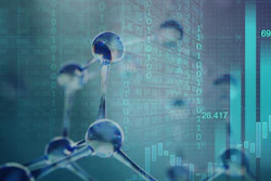 Digital illustration of molecular structures and binary code with financial charts representing data analysis and technology growth