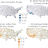 Four U.S. maps comparing smoking rates among White men and American Indian men aged 55-64, showing current and former smokers by county with color-coded population ranges.