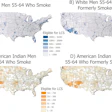 Four U.S. maps comparing smoking rates among White men and American Indian men aged 55-64, showing current and former smokers by county with color-coded population ranges.